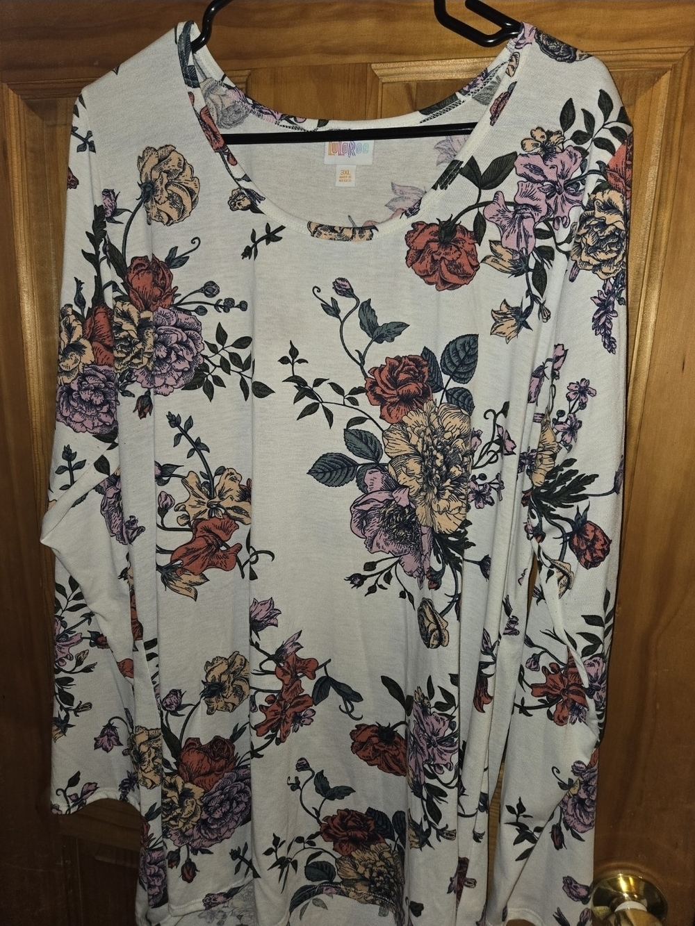 LuLaRoe Cream Long Sleeve Top with Red, Pink, Purple and Tan Floral Print